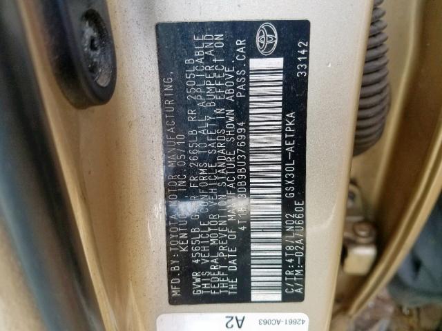 4T1BK3DB9BU376994 - 2011 TOYOTA AVALON BAS GOLD photo 10