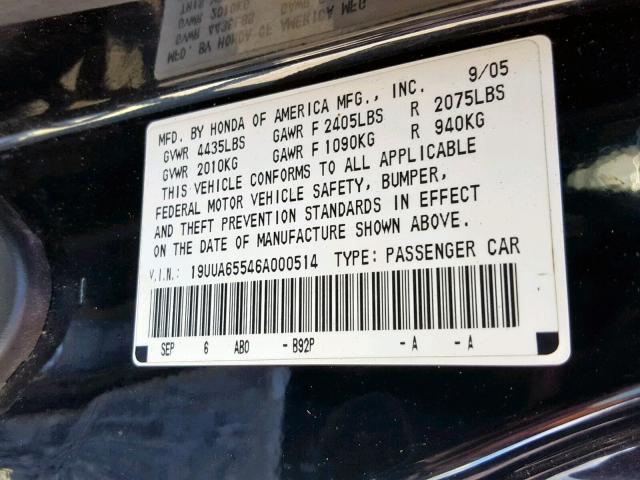 19UUA65546A000514 - 2006 ACURA 3.2TL BLACK photo 10