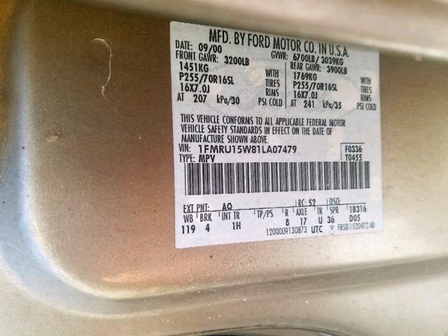 1FMRU15W81LA07479 - 2001 FORD EXPEDITION TAN photo 10