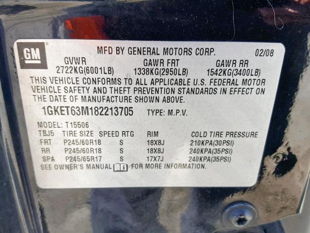 1GKET63M182213705 - 2008 GMC ENVOY DENA BLACK photo 10