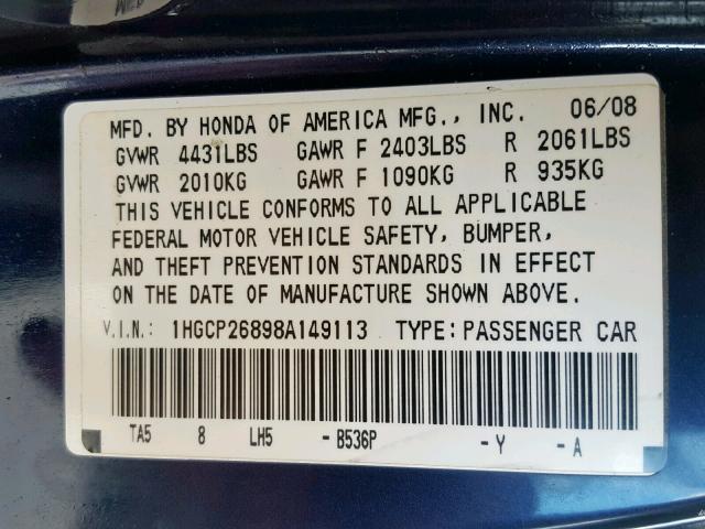 1HGCP26898A149113 - 2008 HONDA ACCORD EXL BLUE photo 10