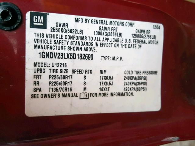 1GNDV23LX5D182690 - 2005 CHEVROLET UPLANDER L RED photo 10