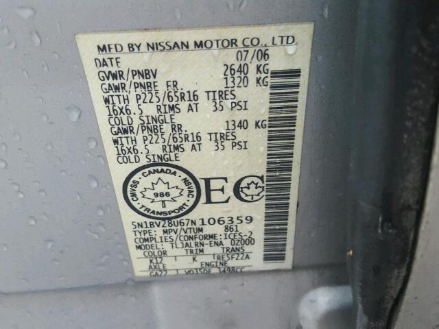 5N1BV28U67N106359 - 2007 NISSAN QUEST S SILVER photo 10