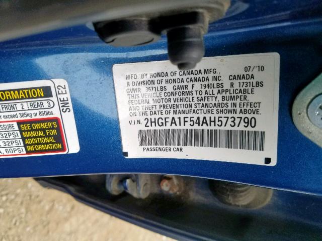 2HGFA1F54AH573790 - 2010 HONDA CIVIC LX BLUE photo 10