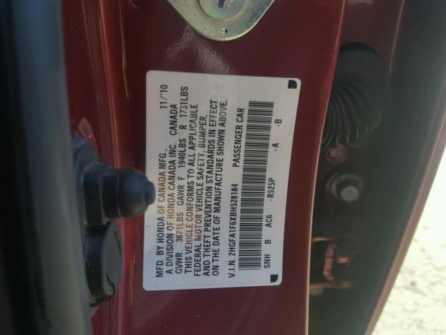 2HGFA1F6XBH528184 - 2011 HONDA CIVIC LX-S 红色 照片 10