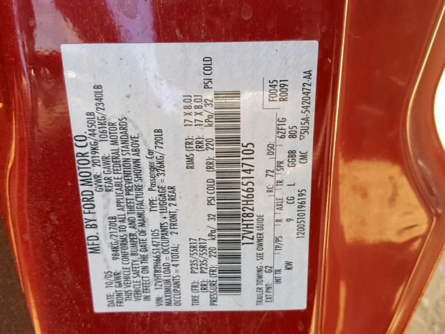 1ZVHT82H665147105 - 2006 FORD MUSTANG GT RED photo 10