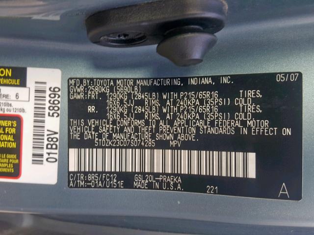 5TDZK23C07S074285 - 2007 TOYOTA SIENNA CE TEAL photo 10