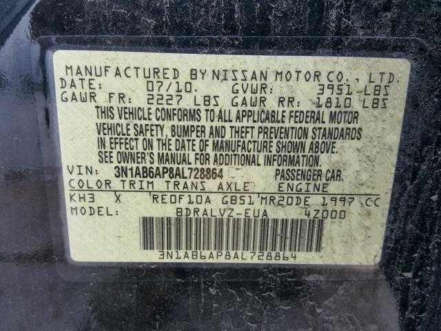 3N1AB6AP8AL728864 - 2010 NISSAN SENTRA 2.0 BLACK photo 10