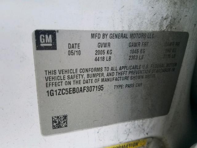 1G1ZC5EB0AF307195 - 2010 CHEVROLET MALIBU 1LT 白色 照片 10