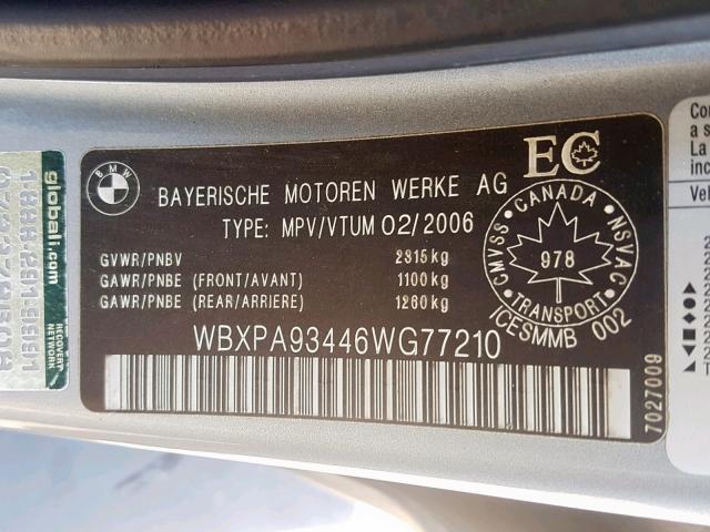 WBXPA93446WG77210 - 2006 BMW X3 3.0I SILVER photo 10