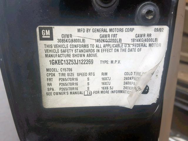 1GKEC13Z53J122269 - 2003 GMC YUKON BLACK photo 10