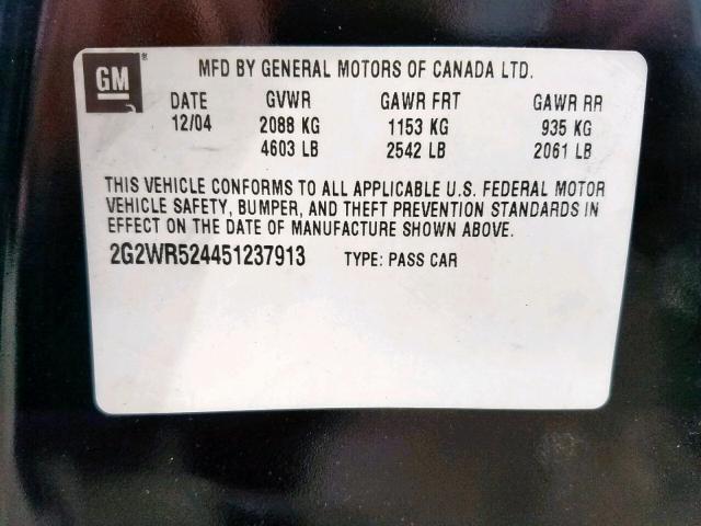 2G2WR524451237913 - 2005 PONTIAC GRAND PRIX BLACK photo 10