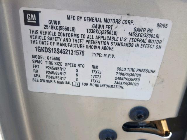 1GKDS13S462131576 - 2006 GMC ENVOY SILVER photo 10