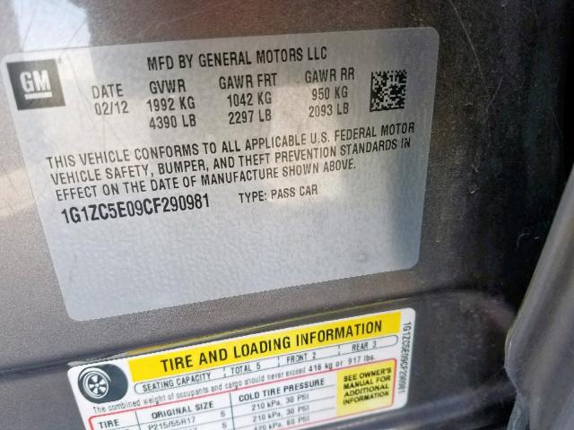 1G1ZC5E09CF290981 - 2012 CHEVROLET MALIBU 1LT GRAY photo 10