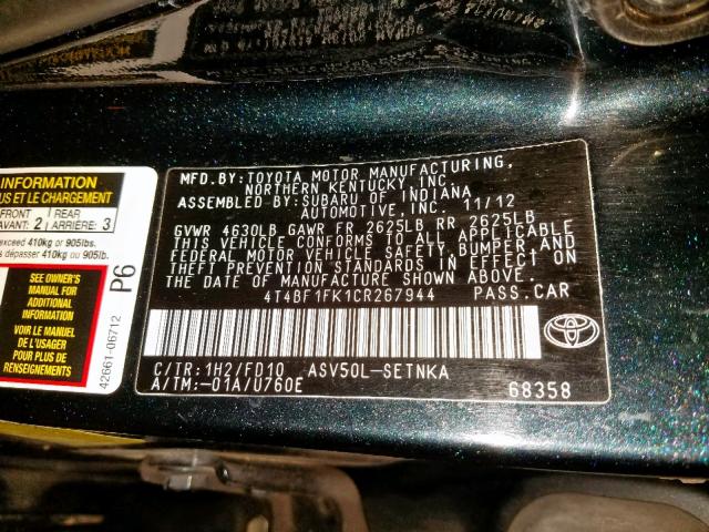 4T4BF1FK1CR267944 - 2012 TOYOTA CAMRY BASE BLUE photo 10