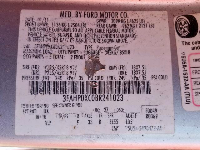 3FAHP0KC0BR241023 - 2011 FORD FUSION SPO SILVER photo 10