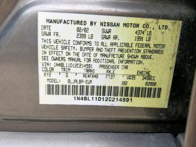 1N4BL11D12C214591 - 2002 NISSAN ALTIMA SE SILVER photo 10