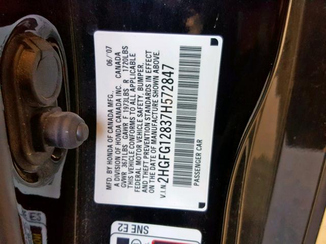 2HGFG12837H572847 - 2007 HONDA CIVIC EX BLACK photo 10