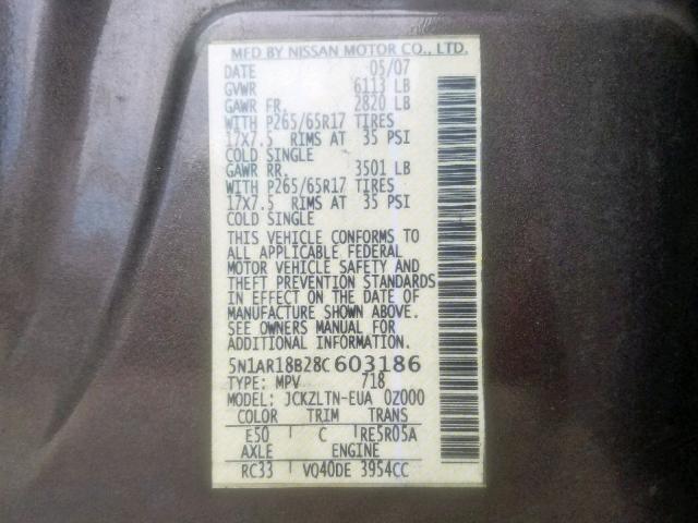 5N1AR18B28C603186 - 2008 NISSAN PATHFINDER BROWN photo 10