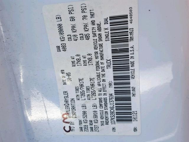 1D7KS28CX6J137694 - 2006 DODGE RAM 2500 S Սպիտակ լուսանկար 10