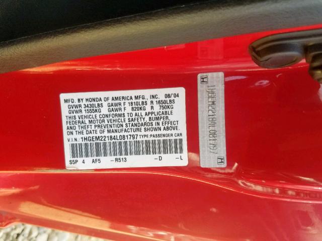 1HGEM22184L081797 - 2004 HONDA CIVIC DX V RED photo 10