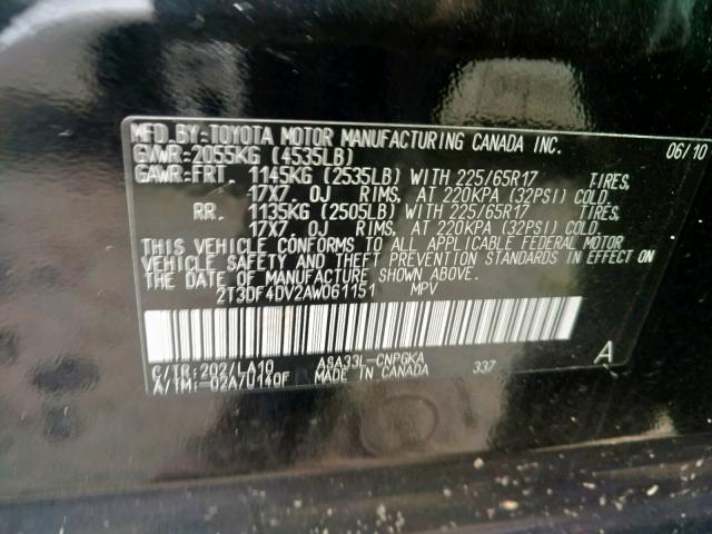 2T3DF4DV2AW061151 - 2010 TOYOTA RAV4 LIMIT BLACK photo 10