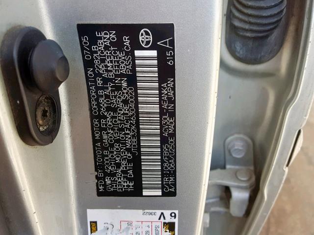 JTDBE32K463040020 - 2006 TOYOTA CAMRY LE SILVER photo 10