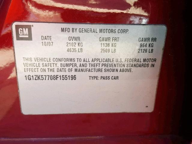 1G1ZK57708F155196 - 2008 CHEVROLET MALIBU LTZ ბურგუნდია ფოტო 10