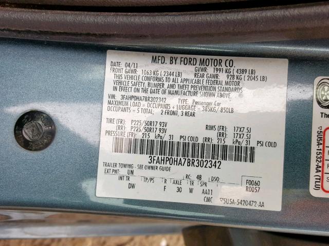 3FAHP0HA7BR302342 - 2011 FORD FUSION SE GRAY photo 10