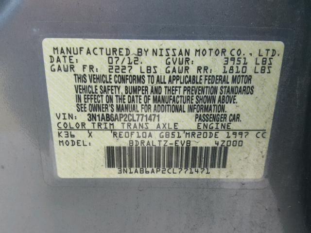 3N1AB6AP2CL771471 - 2012 NISSAN SENTRA 2.0 GRAY photo 10