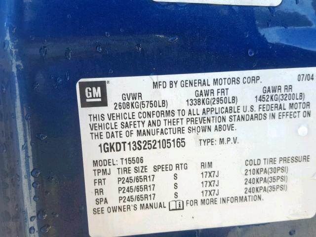 1GKDT13S252105165 - 2005 GMC ENVOY BLUE photo 10