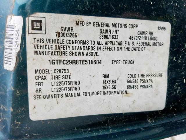 1GTFC29R8TE510604 - 1996 GMC SIERRA C25 GREEN photo 10