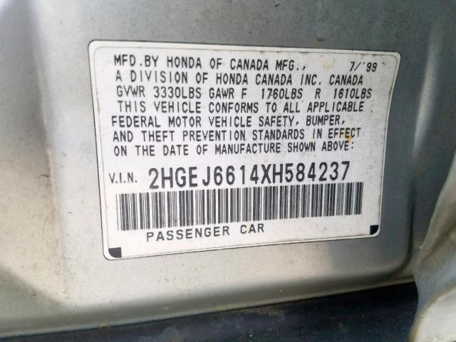 2HGEJ6614XH584237 - 1999 HONDA CIVIC BASE GRAY photo 10