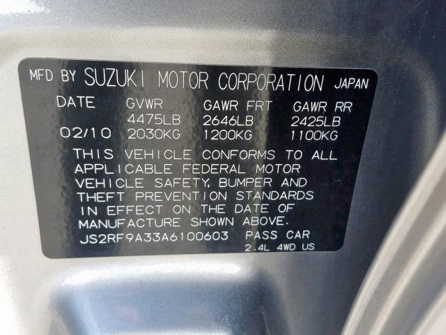 JS2RF9A33A6100603 - 2010 SUZUKI KIZASHI SE SILVER photo 10