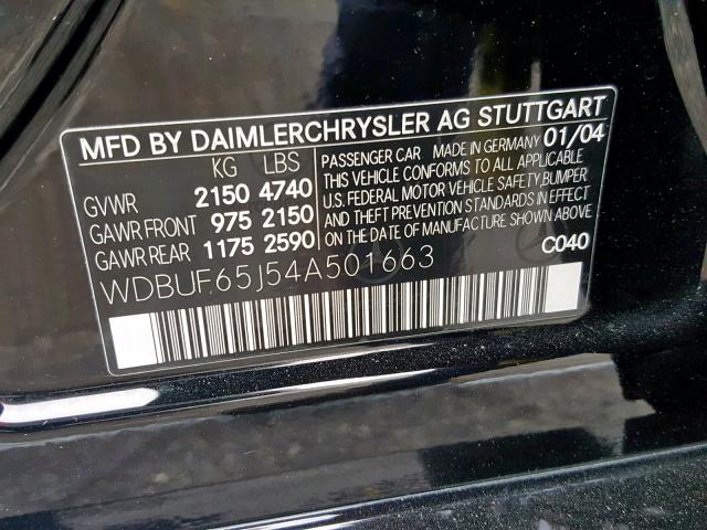 WDBUF65J54A501663 - 2004 MERCEDES-BENZ E 320 BLACK photo 10