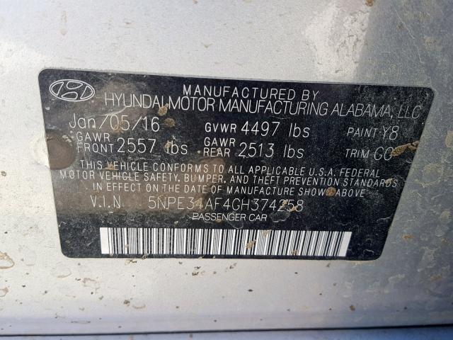 5NPE34AF4GH374258 - 2016 HYUNDAI SONATA SPO SILVER photo 10