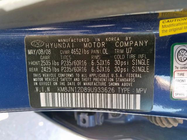 KM8JN12D89U933626 - 2009 HYUNDAI TUCSON SE BLACK photo 10