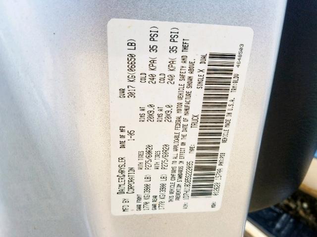 1D7HU18D85S222095 - 2005 DODGE RAM 1500 S SILVER photo 10