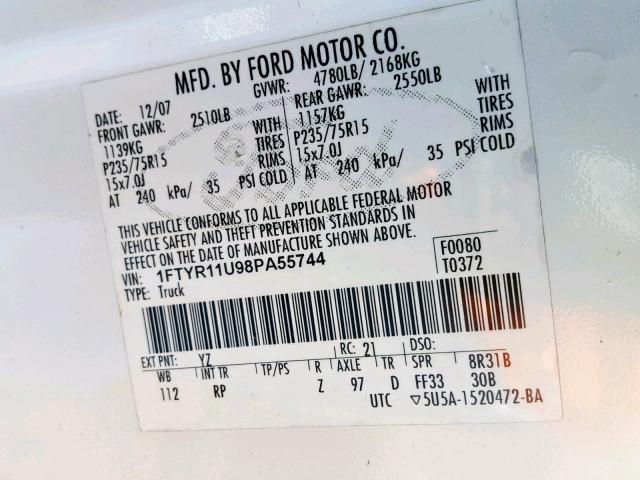 1FTYR11U98PA55744 - 2008 FORD RANGER WHITE photo 10