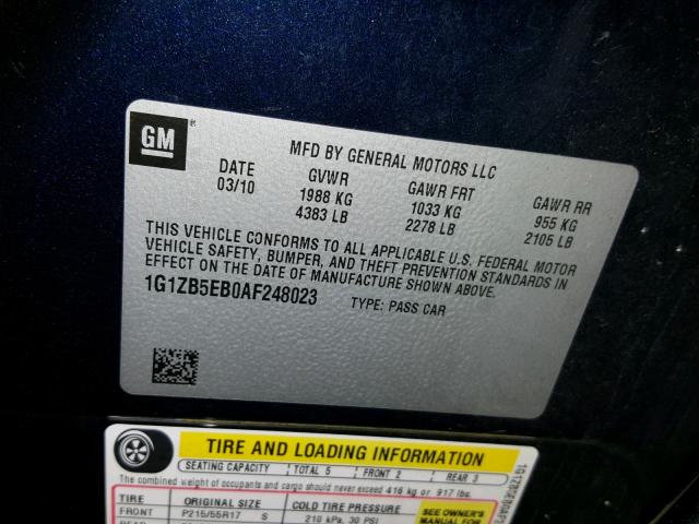 1G1ZB5EB0AF248023 - 2010 CHEVROLET MALIBU LS ლურჯი ფოტო 10