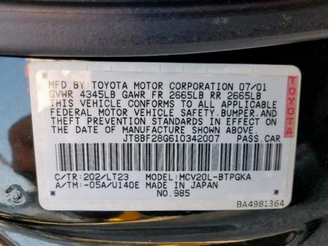 JT8BF28G610342007 - 2001 LEXUS ES 300 BLACK photo 10