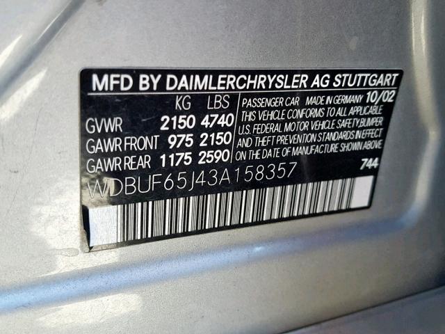 WDBUF65J43A158357 - 2003 MERCEDES-BENZ E 320 SILVER photo 10