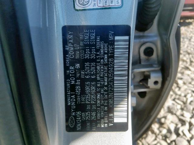 KM8JN72D47U594928 - 2007 HYUNDAI TUCSON SE SILVER photo 10