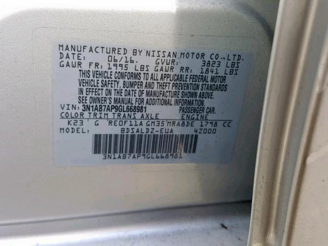 3N1AB7AP9GL668981 - 2016 NISSAN SENTRA S SILVER photo 10