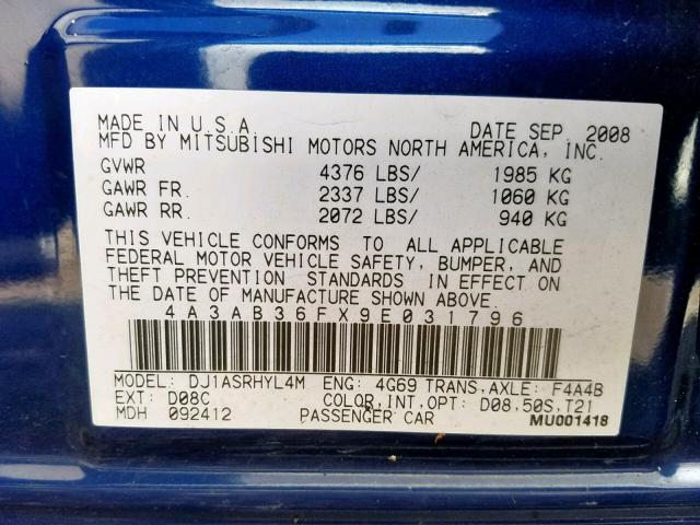 4A3AB36FX9E031796 - 2009 MITSUBISHI GALANT ES BLUE photo 10