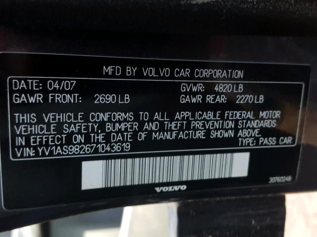 YV1AS982671043619 - 2007 VOLVO S80 3.2 GRAY photo 10