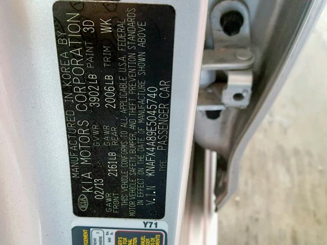 KNAFX4A89E5045740 - 2014 KIA FORTE EX SILVER photo 10