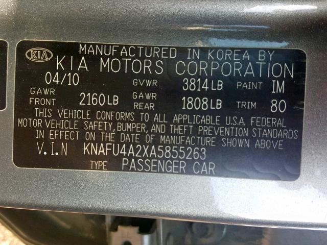 KNAFU4A2XA5855263 - 2010 KIA FORTE EX SILVER photo 10