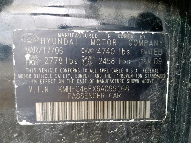 KMHFC46FX6A099168 - 2006 HYUNDAI AZERA SE BLACK photo 10