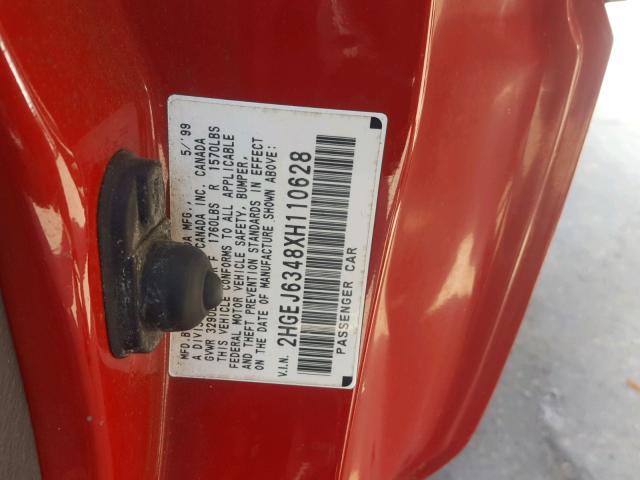 2HGEJ6348XH110628 - 1999 HONDA CIVIC DX RED photo 10